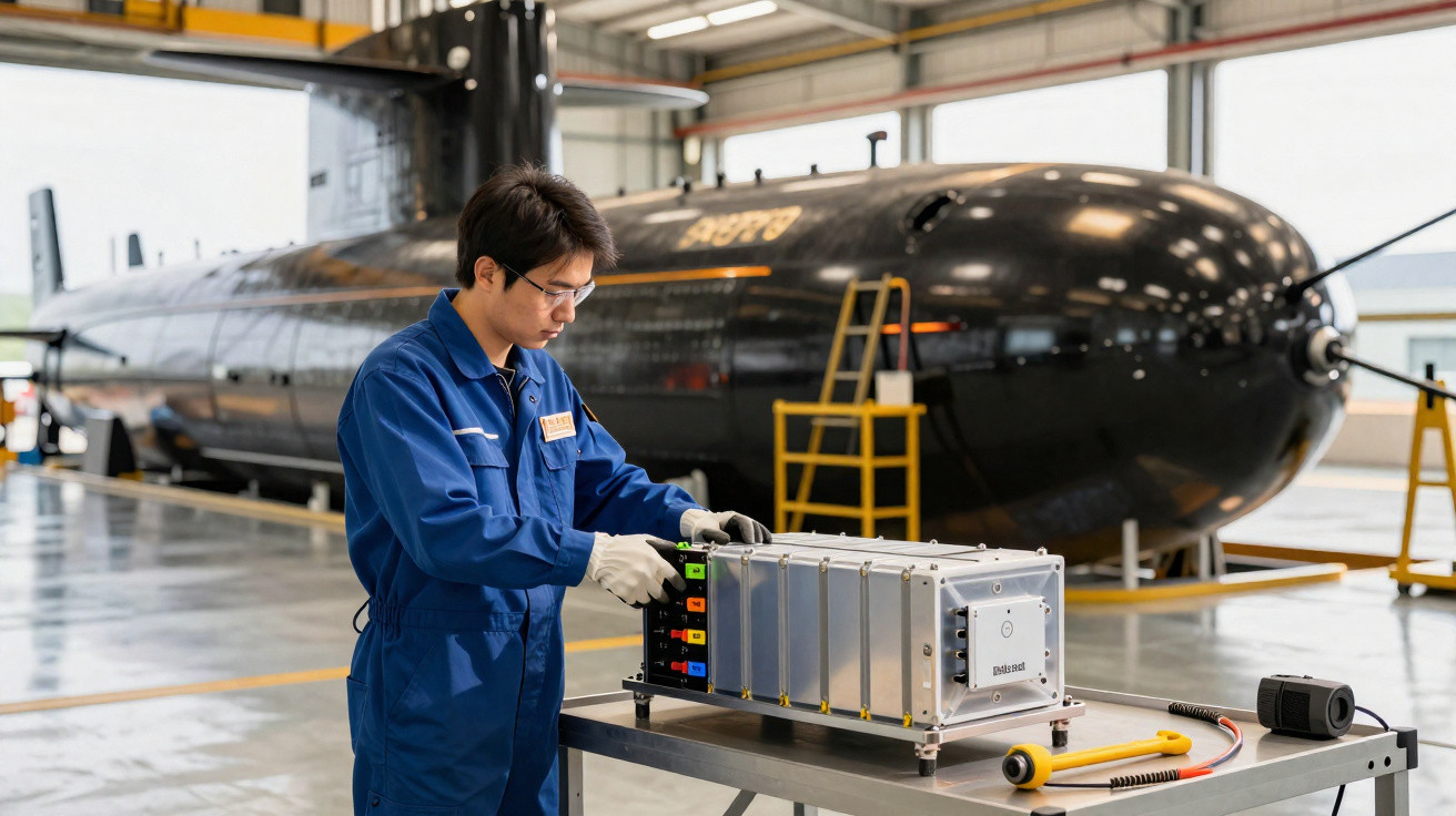 Técnico em macacão azul trabalha num dispositivo eletrônico com submarino preto ao fundo numa oficina.