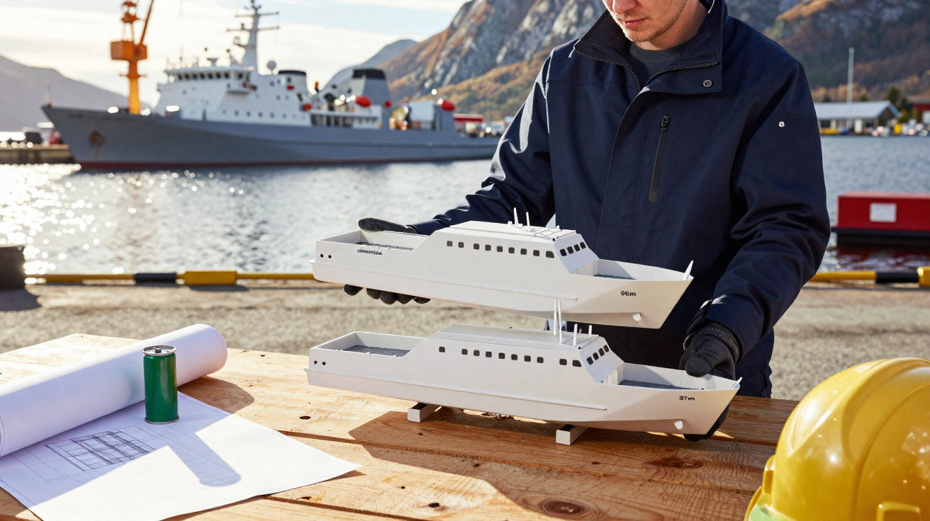 Pessoa a segurar maquete branca de barco naval numa mesa com capacete, blueprint e barco real ao fundo.