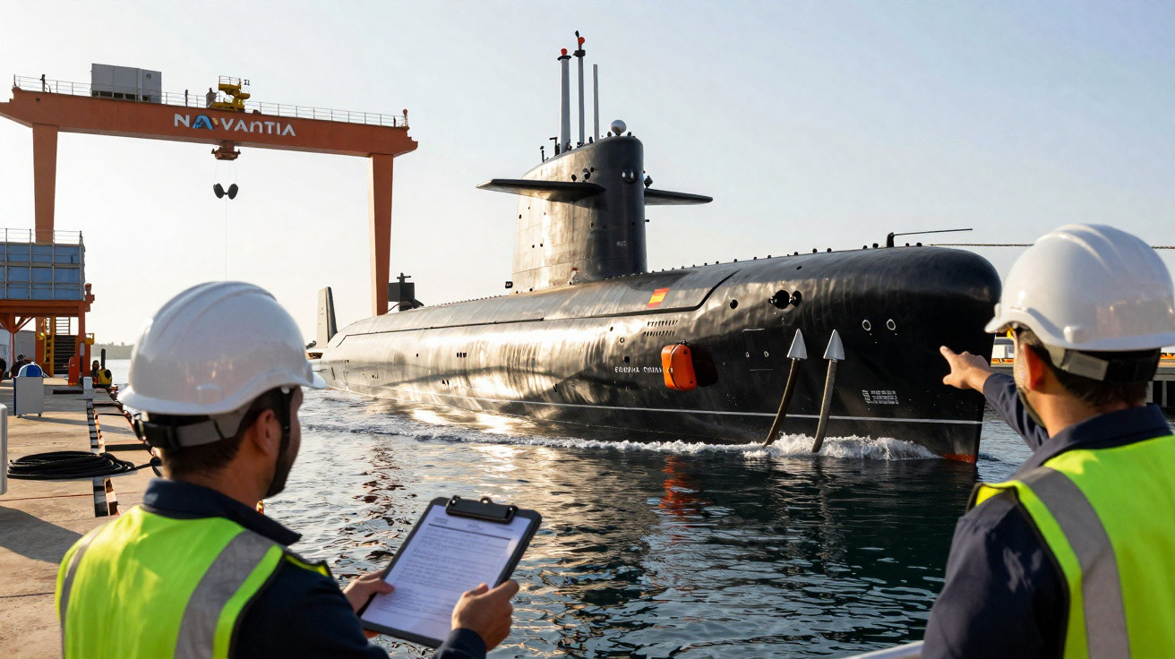 Dois trabalhadores com capacetes e coletes refletores observam submarino negro a flutuar no cais naval da Navantia.