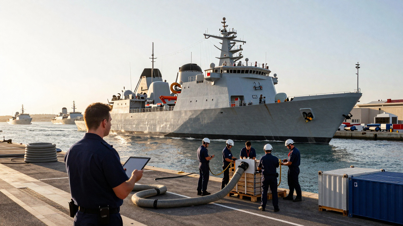 Homens em uniforme naval junto a um grande navio militar ancorado num cais ao pôr do sol.