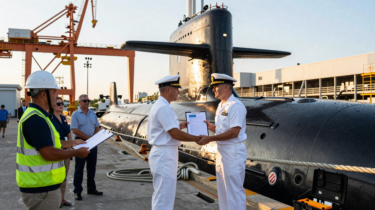 Dois militares da marinha em uniforme branco cumprimentam-se com um submarino ao fundo no porto.
