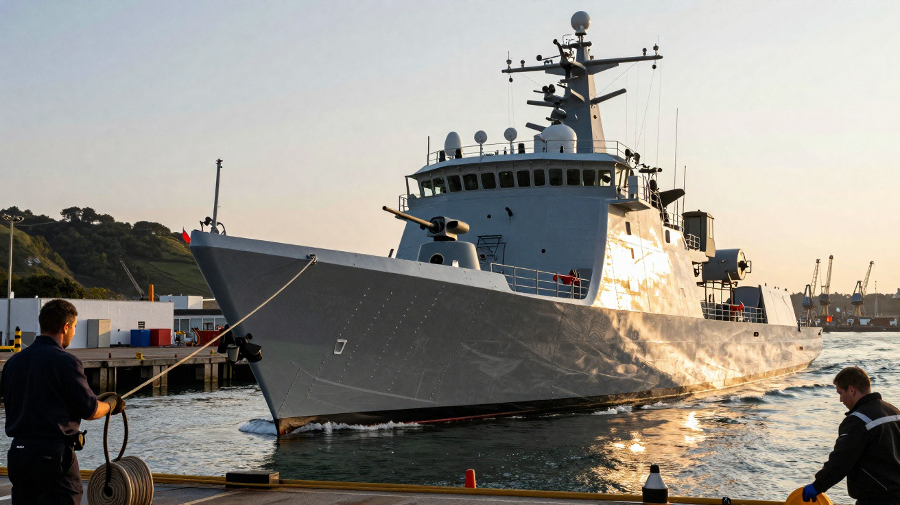 Navio militar cinzento atracado no porto ao pôr do sol com dois homens a trabalhar na amarração.