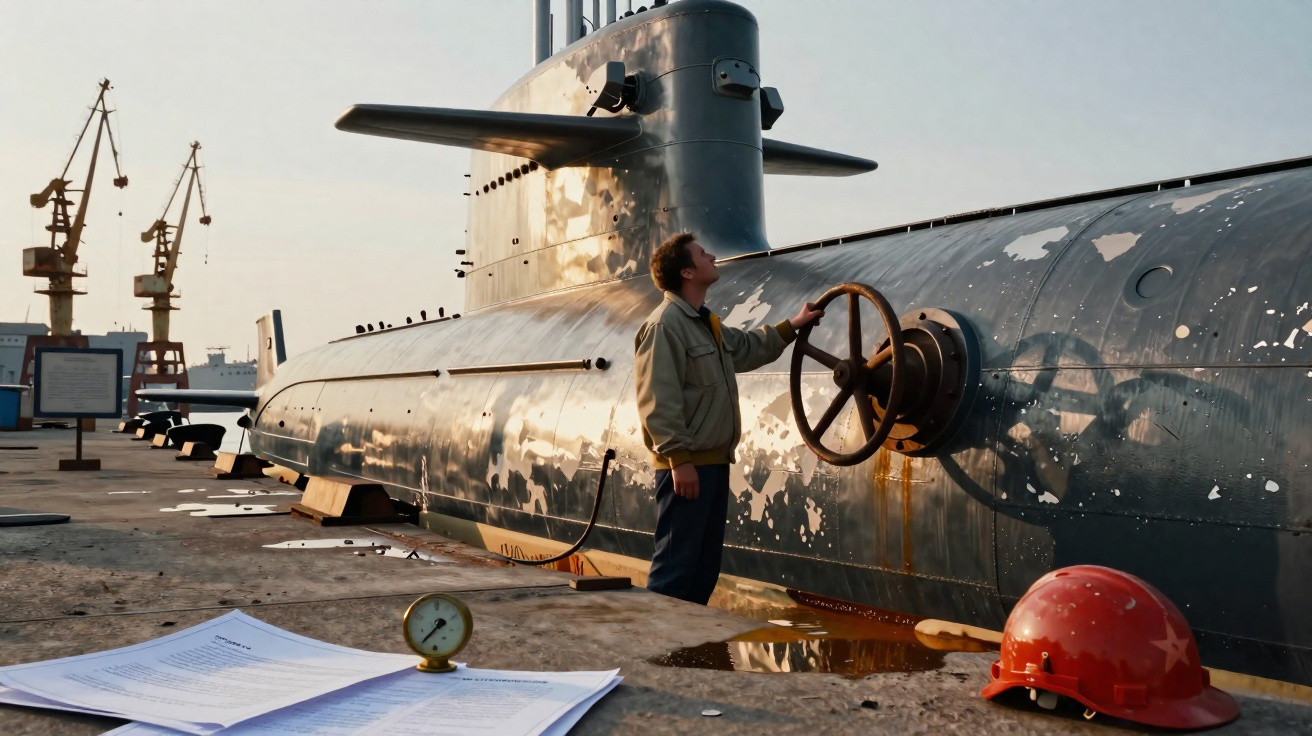 Homem em roupa de trabalho opera válvula em submarino num estaleiro com capacete e documentos na mesa próxima.