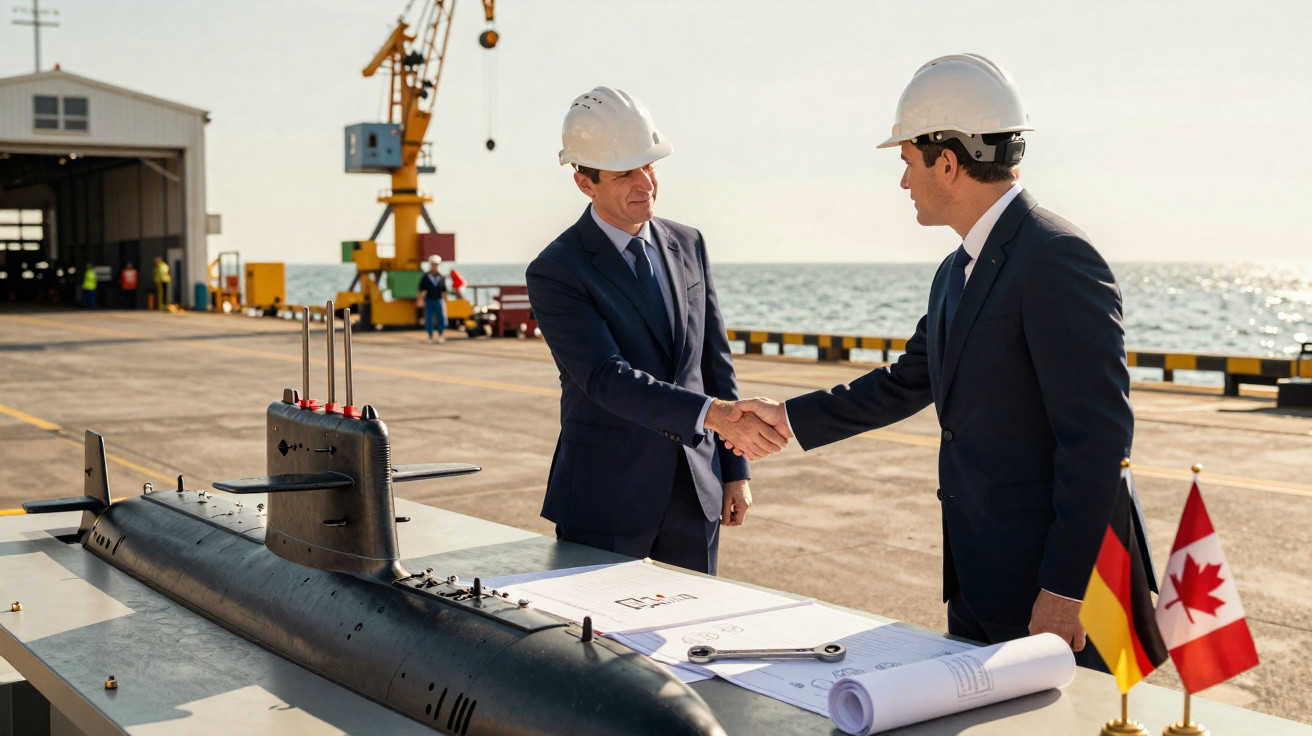 Dois empresários com capacetes a cumprimentar-se junto a maquete de submarino num cais com bandeiras da Alemanha e Canadá.