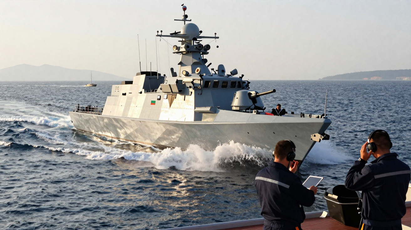 Navio militar em alto mar com dois homens de farda observando e comunicando-se com rádio.