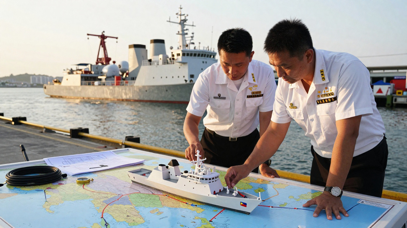 Dois homens com uniforme naval analisam modelo de navio sobre mapa numa doca com navio real ao fundo.
