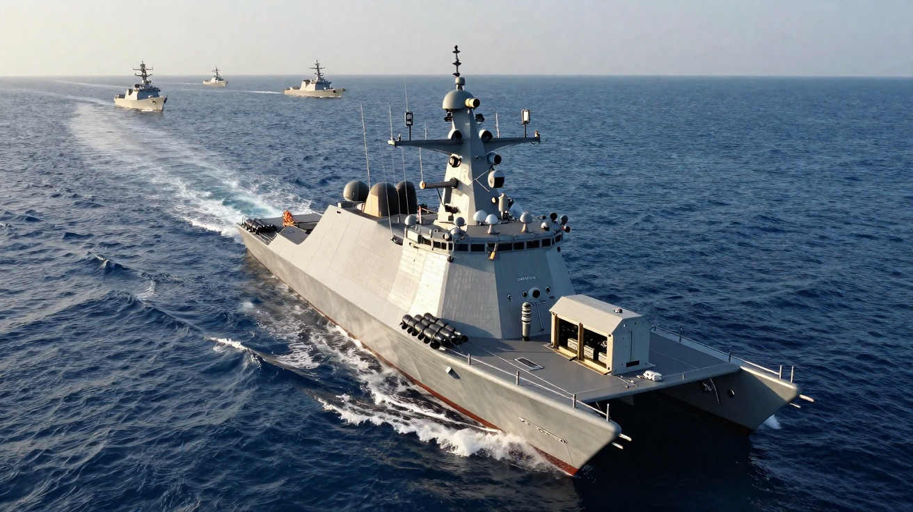 Quatro navios de guerra militares em formação navegando num mar calmo ao amanhecer.
