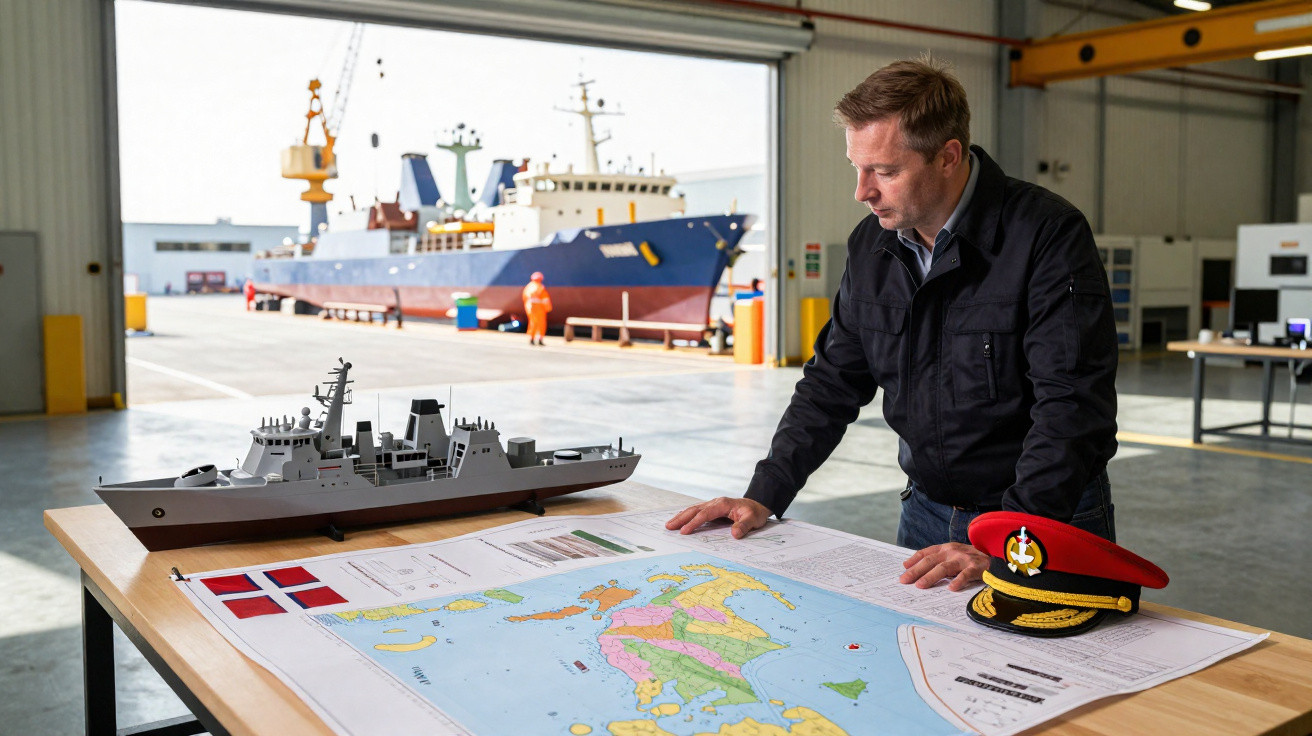 Homem analisa mapa naval com modelo de navio de guerra e boina vermelha numa doca com navio grande ao fundo.
