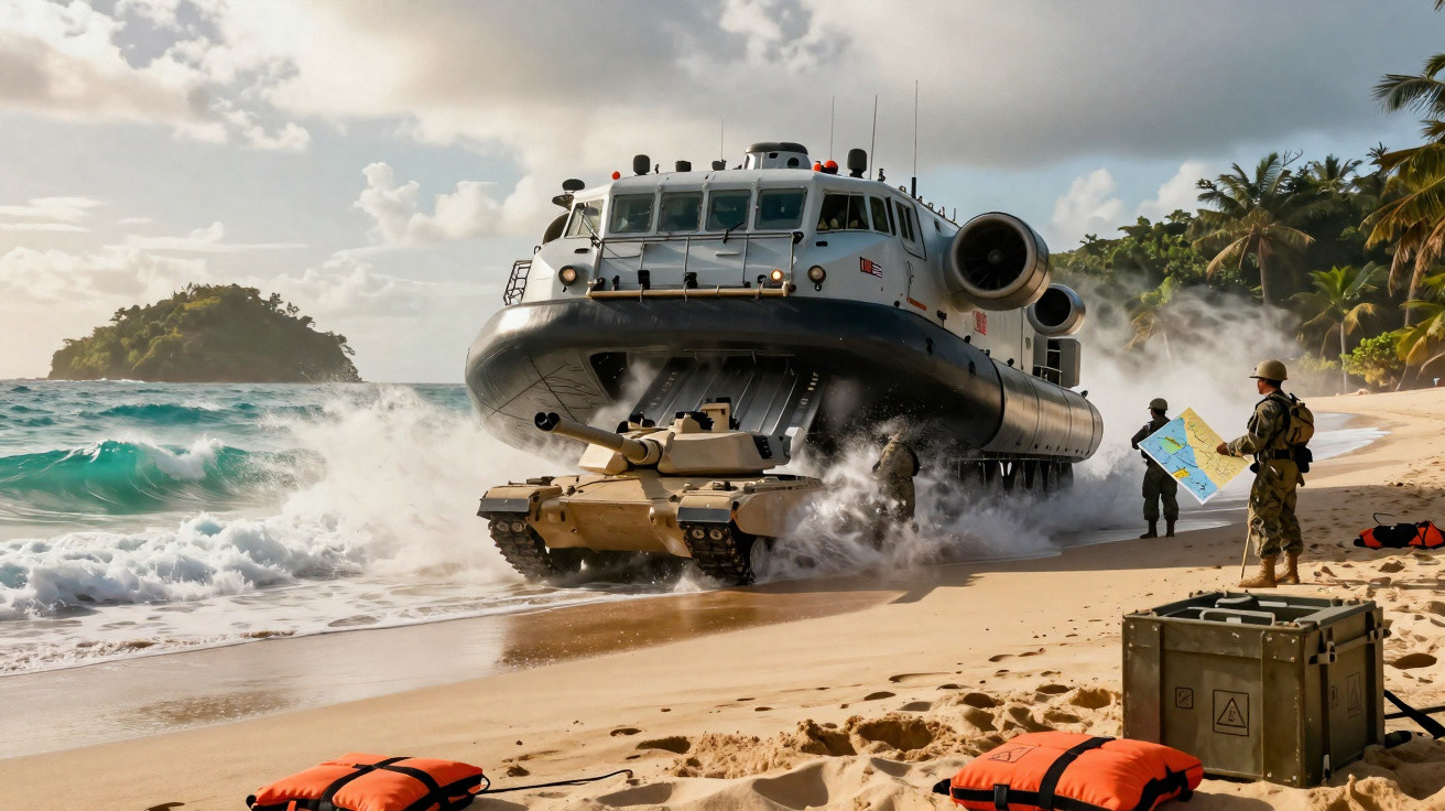 Veículo militar anfíbio desembarca soldados numa praia com tanque e equipamento em areia molhada.