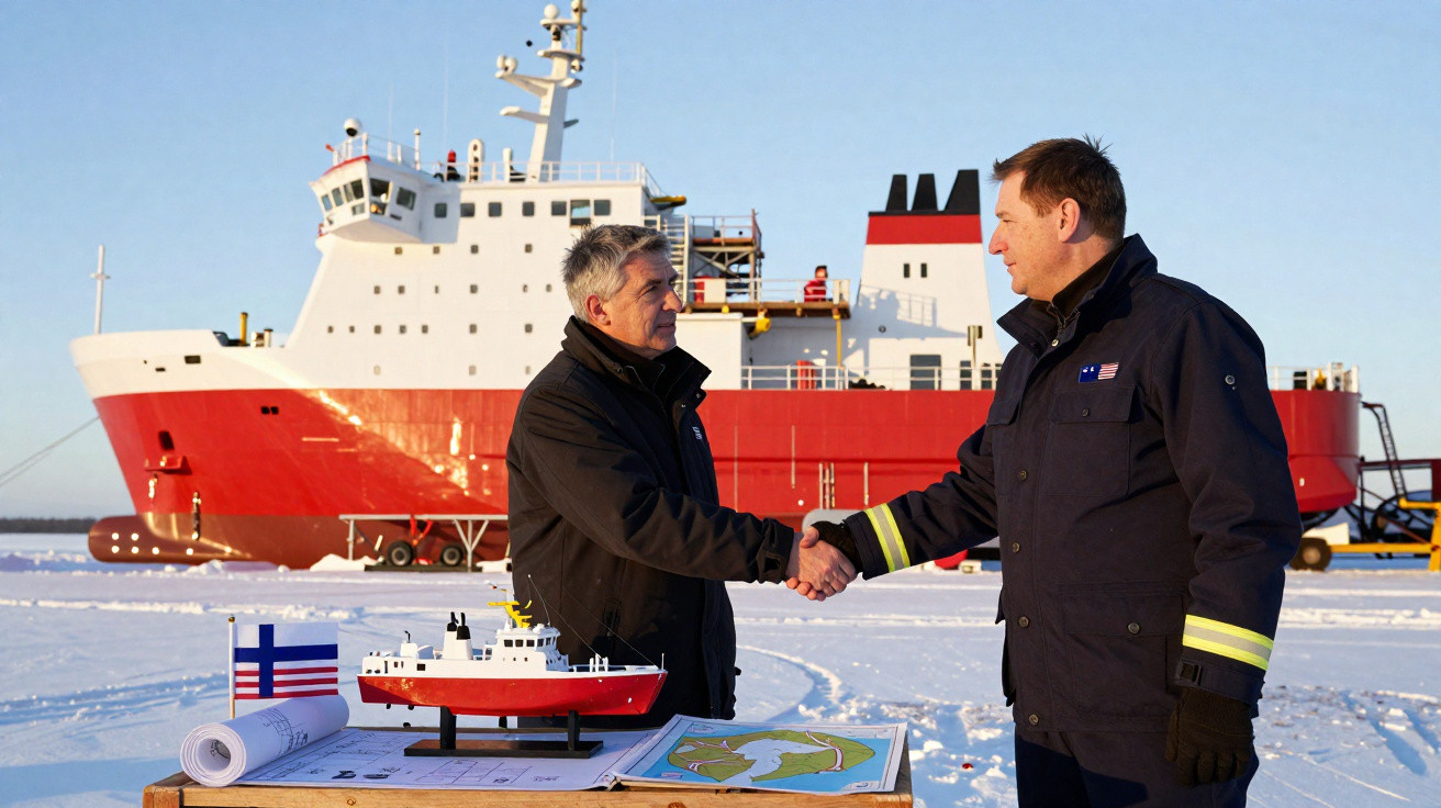 Dois homens apertam as mãos em frente a navio vermelho no gelo com maquete e mapas numa mesa.