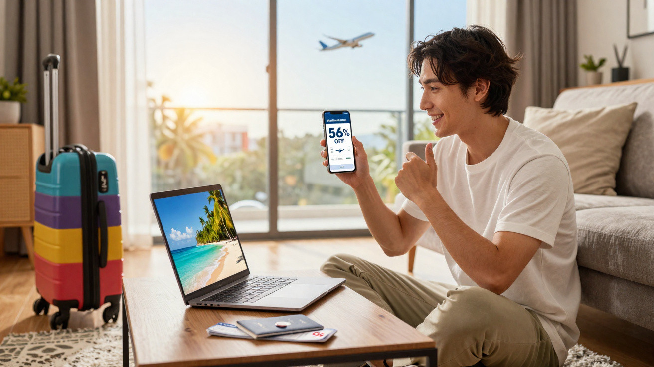 Jovem sentado no chão a apontar para telemóvel com desconto em viagens, mala colorida ao lado e avião a voar ao fundo.