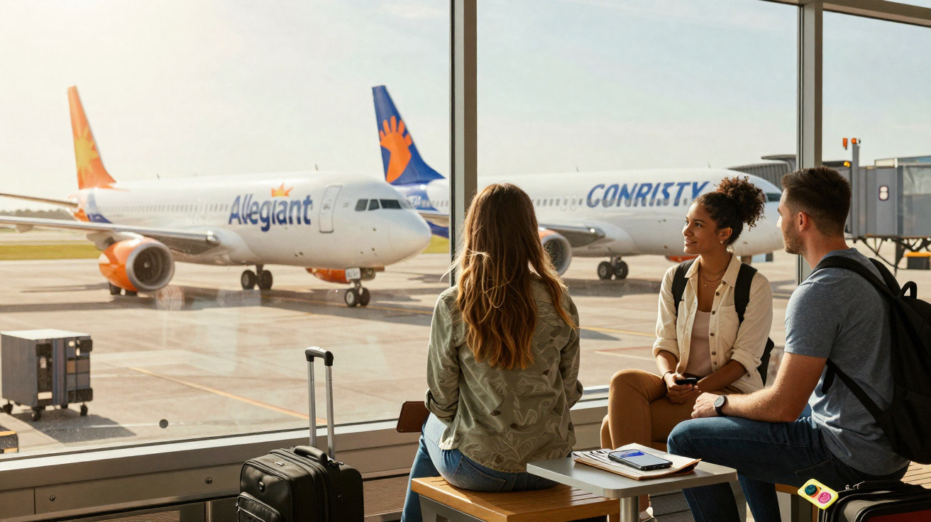 Três pessoas sentadas numa área de espera do aeroporto, com aviões Allegiant e Conristy visíveis através da janela.