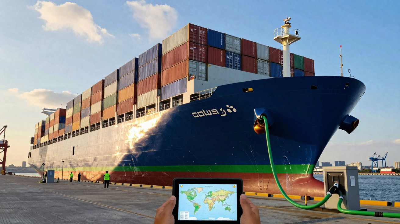 Navio cargueiro atracado com contentores coloridos e tablet com mapa mundial em primeiro plano.
