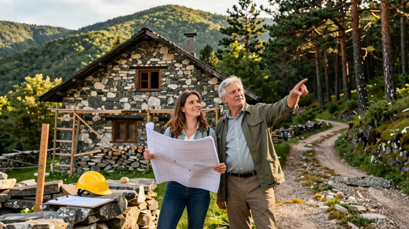 Casal junto a casa de pedra em ambiente rural, a analisar planta com capacete e ferramentas no chão.