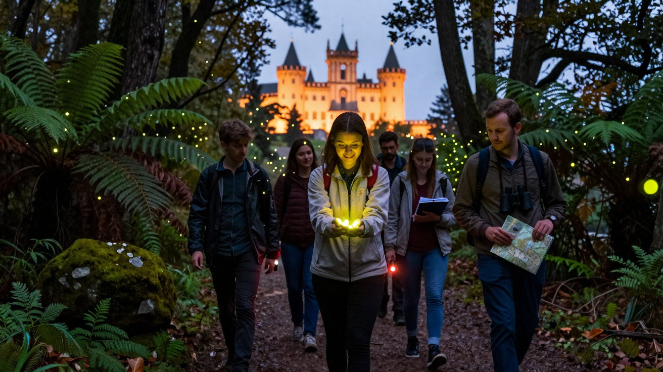 Grupo de jovens a caminhar à noite na floresta com castelo iluminado ao fundo e lanternas nas mãos.