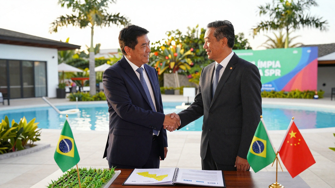 Dois homens de negócios de fato apertam as mãos ao lado de bandeiras do Brasil e da China, junto a uma piscina.