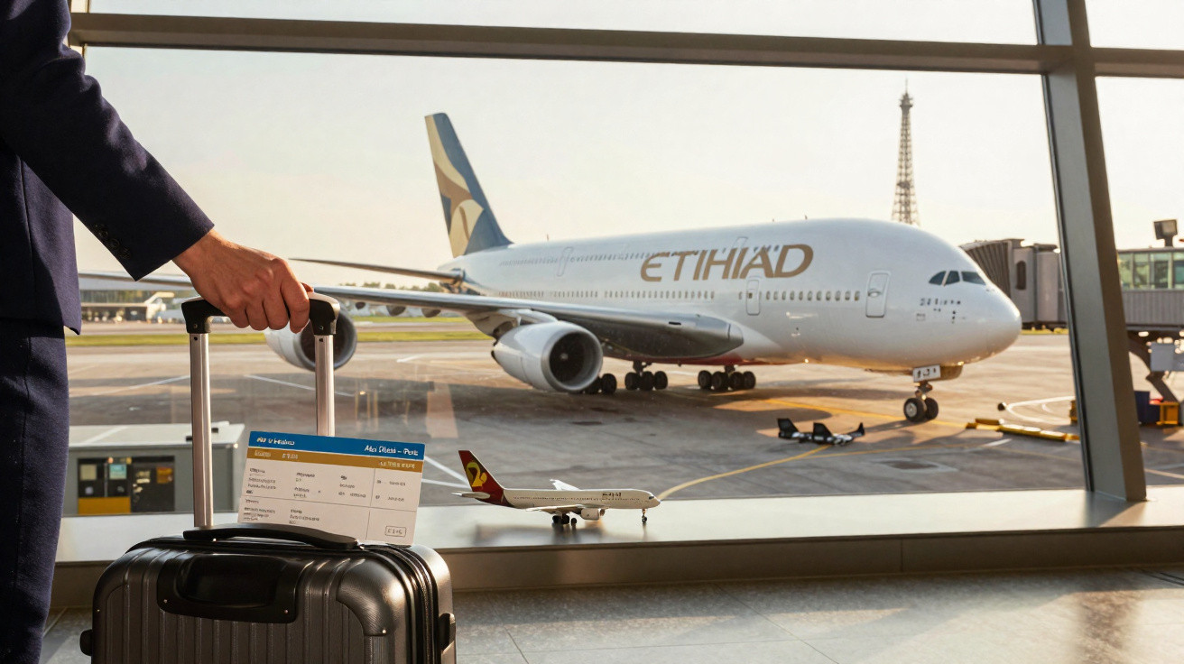 Pessoa com mala e bilhete de viagem, avião da Etihad no portão do aeroporto com Torre Eiffel ao fundo.