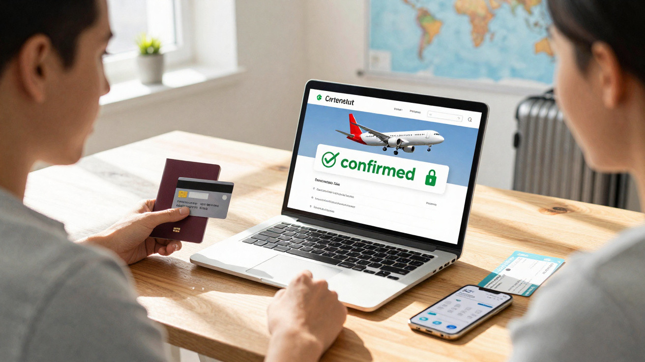 Duas pessoas a reservar voo confirmado num laptop, com cartão de crédito, passaporte e smartphone numa mesa.