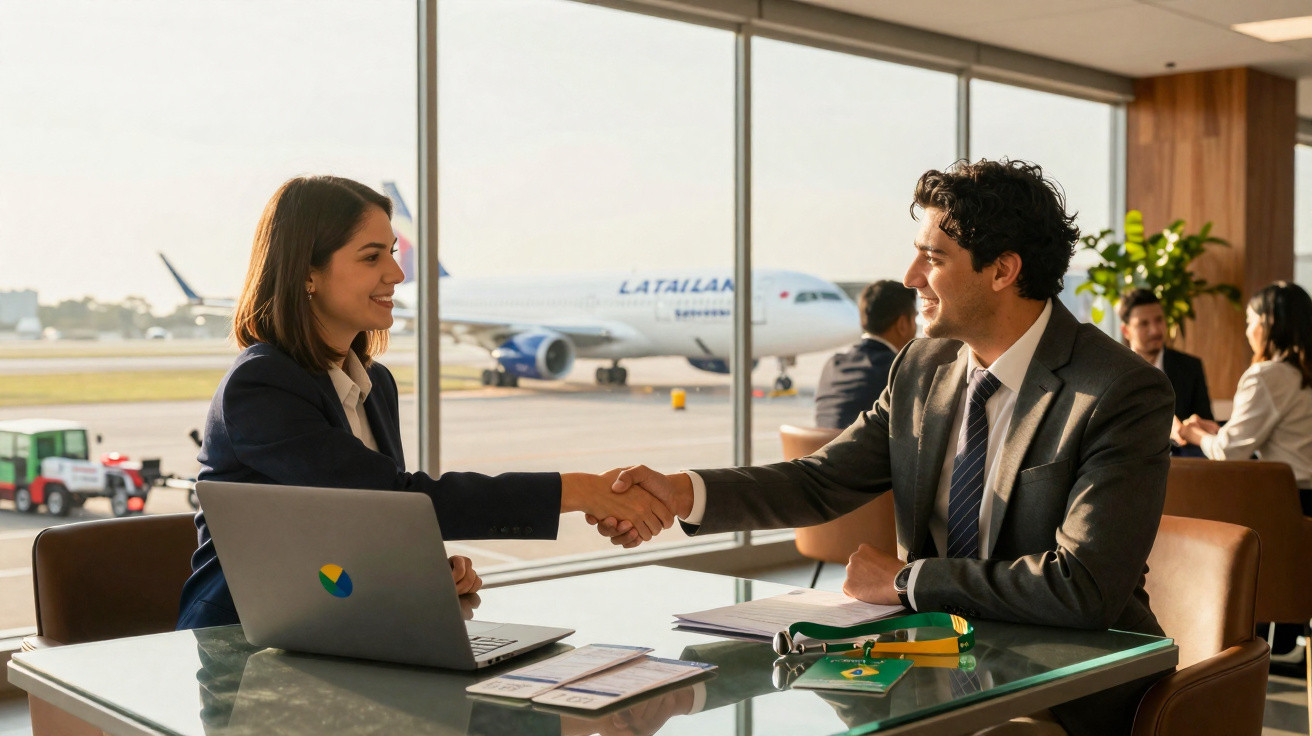 Duas pessoas de negócios cumprimentam-se com aperto de mão num escritório junto a janelas com vista para um avião no aeroport