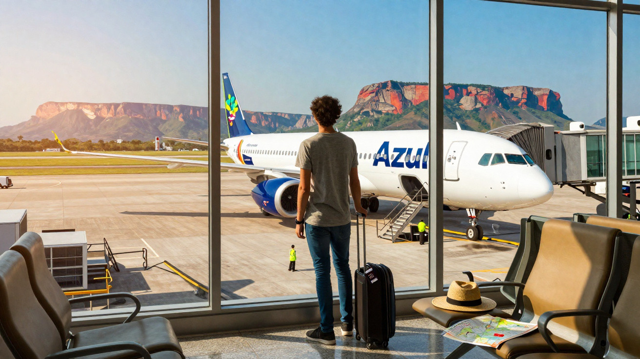 Passageiro com mala observa avião Azul na janela do aeroporto, com planalto e céu claro ao fundo.
