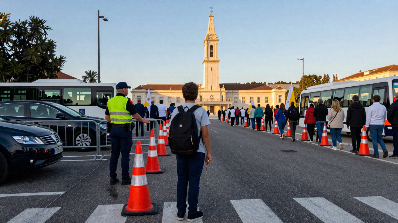 Pessoas em fila com cones laranja, polícia e jovem com mochila, e igreja amarela ao fundo ao pôr do sol.