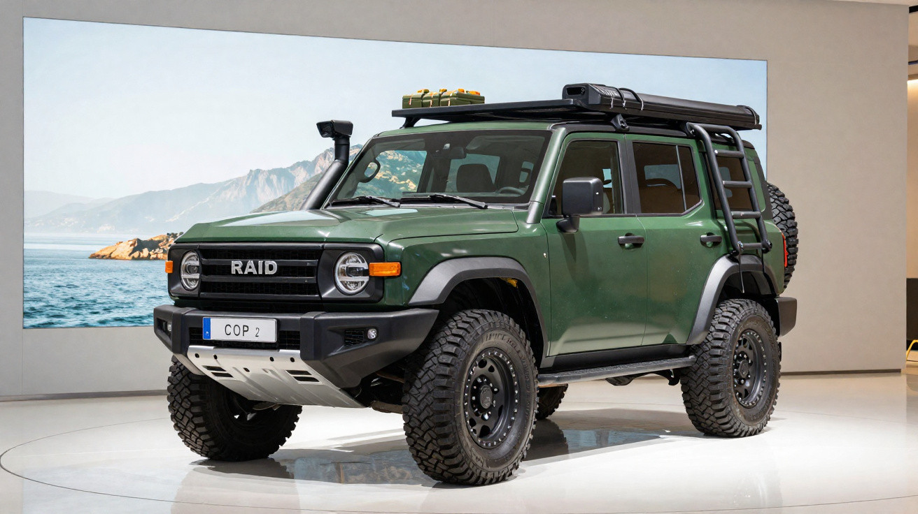 Carro SUV verde todo-o-terreno com jantes robustas e acessórios de aventura em exposição.