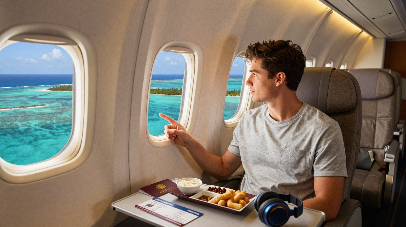 Homem sentado num avião com refeição na mesa, olhando pela janela para o mar e ilhas tropicais.