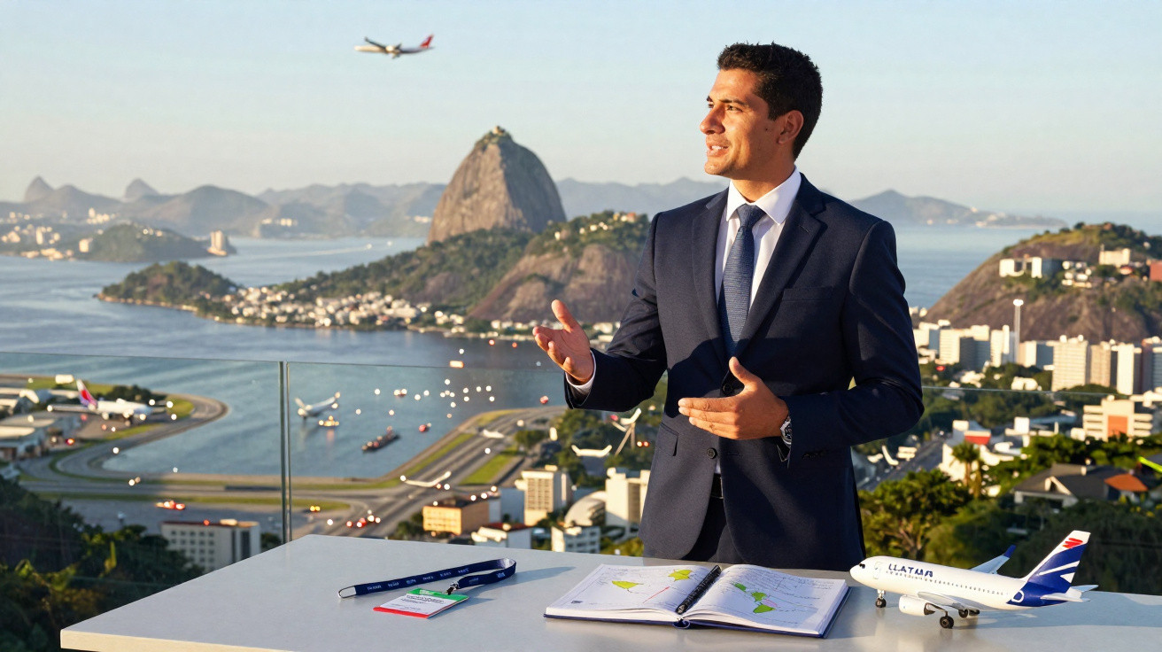 Homem de fato azul a apresentar com vista do Pão de Açúcar e avião a sobrevoar aeroporto ao fundo no Rio de Janeiro.