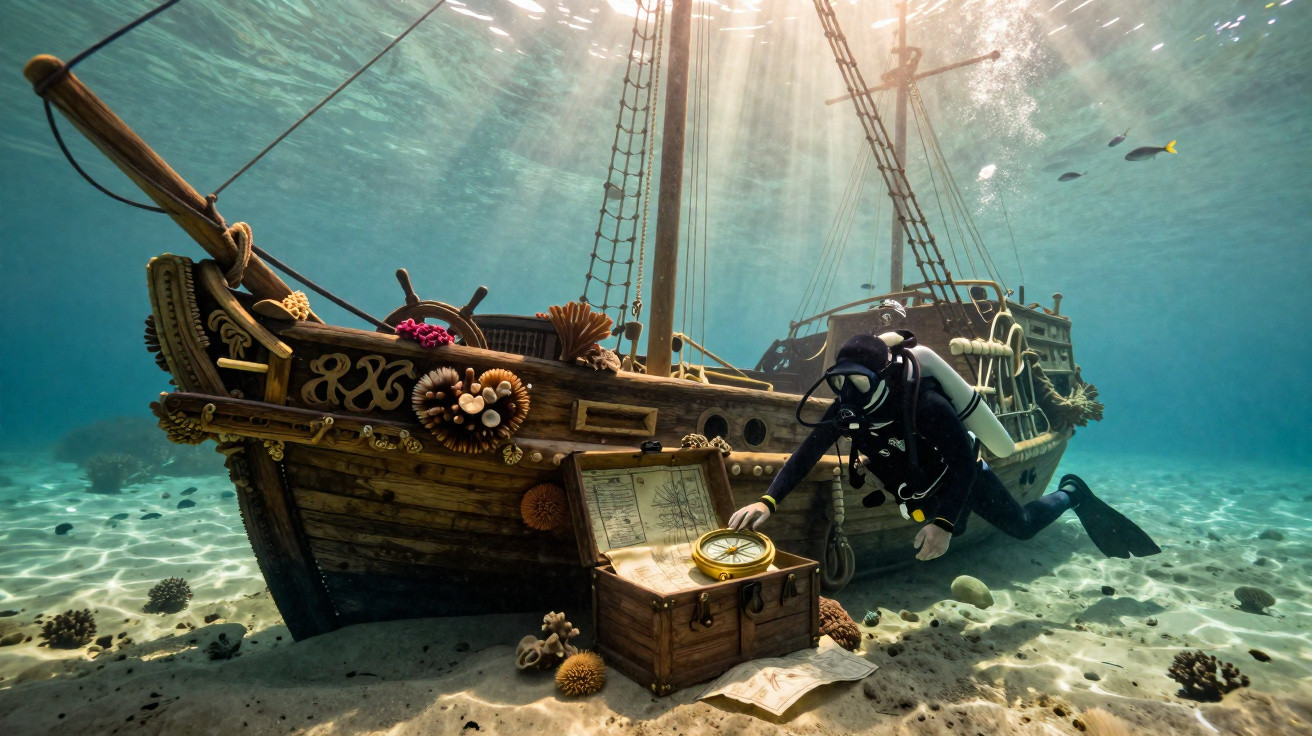 Mergulhador explora baú com bússola junto a navio naufragado no fundo do mar iluminado pela luz solar.