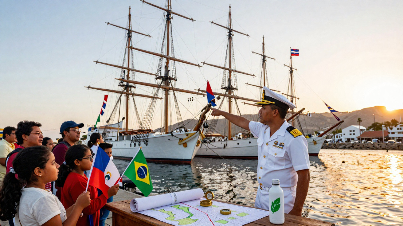 Marinheiro cumprimenta público com bandeira no cais, junto a navios à vela ao pôr do sol.