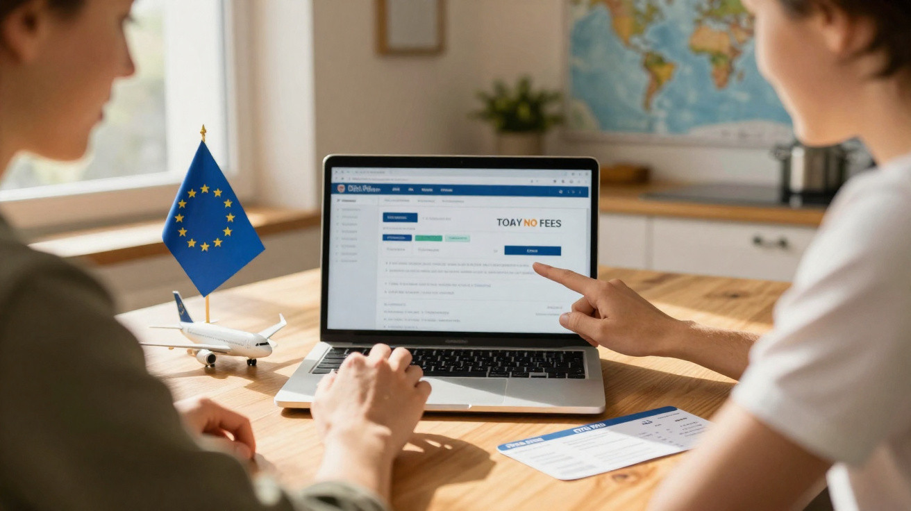 Duas pessoas a analisar informações num computador portátil com bandeira da União Europeia e avião em miniatura.