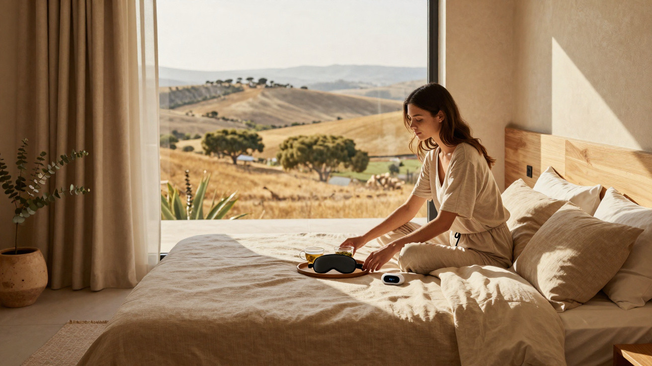 Mulher sentada na cama de um quarto com vista para campo dourado sob luz natural.