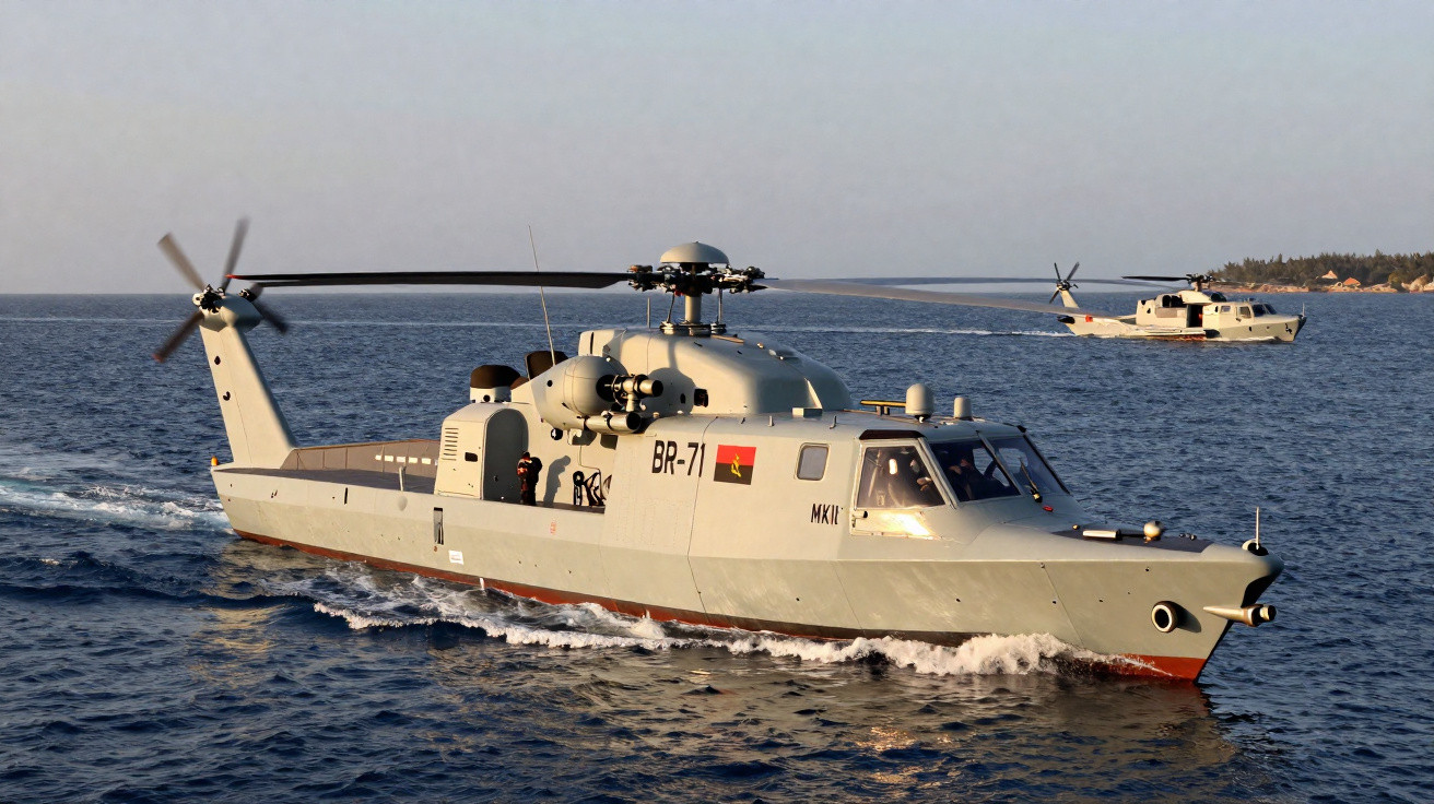 Dois helicópteros navais militares sobrevoam o mar, com um em primeiro plano marcado BR-71 e bandeira de Angola.