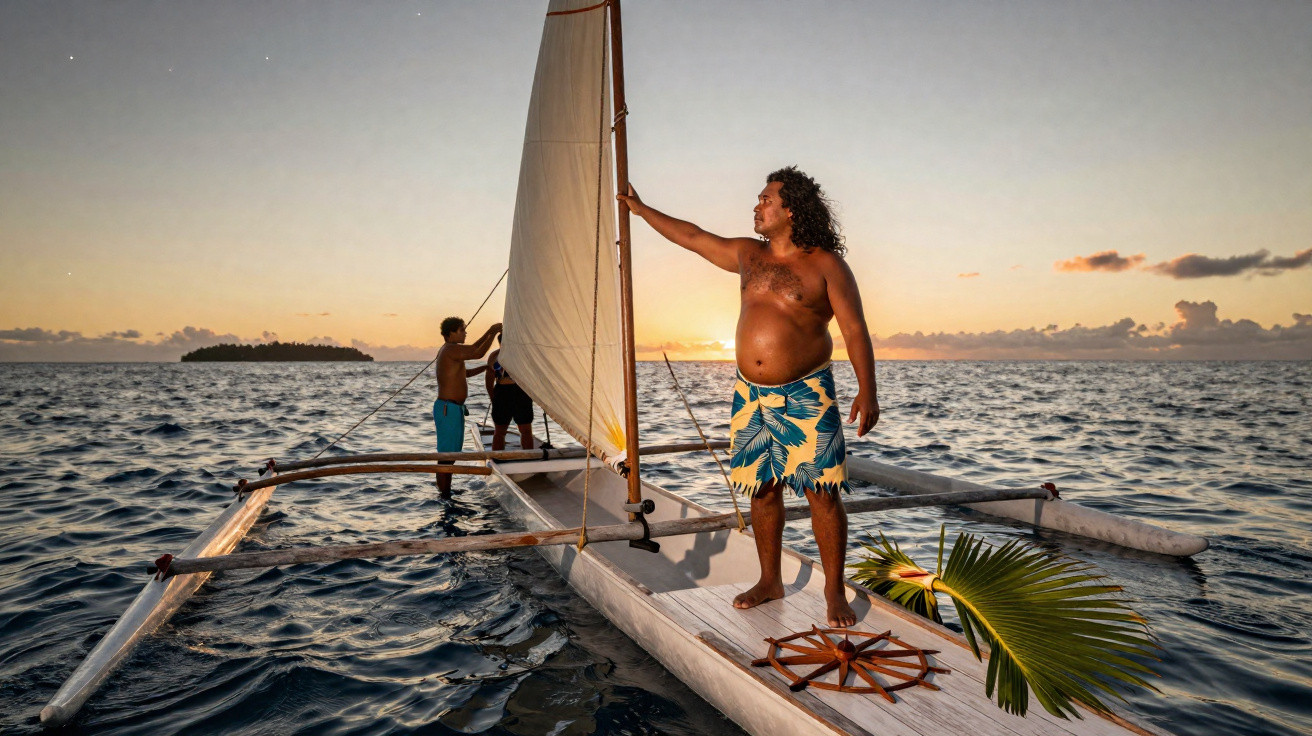 Homem em roupa de banho controla vela de barco tradicional no mar ao pôr do sol com outras duas pessoas ao fundo.