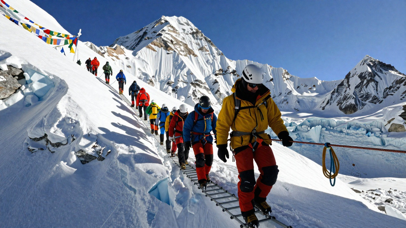 Grupo de alpinistas em fila atravessando uma ponte suspensa no gelo, com montanhas nevadas ao fundo.