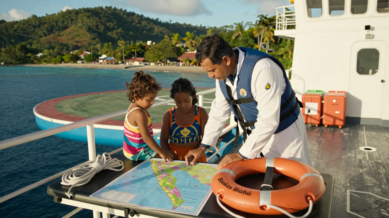Homem com colete salva-vidas mostra mapa a duas crianças no convés de um barco perto da costa tropical.