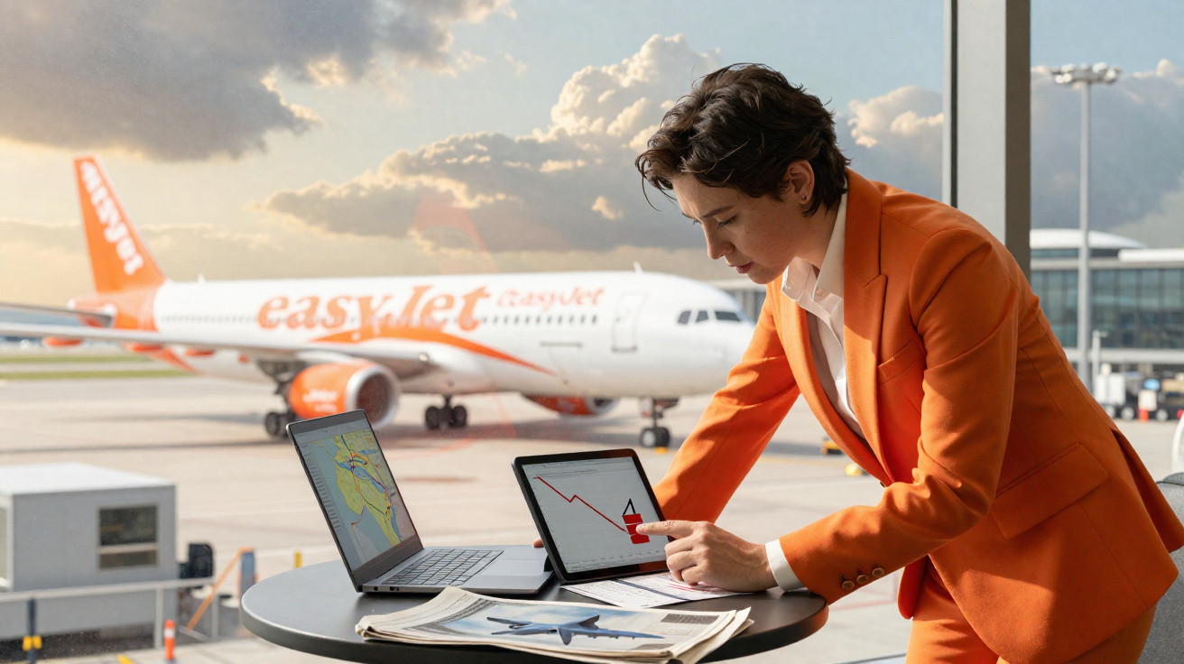 Mulher com fato laranja analisa dados em tablet no aeroporto, com avião da EasyJet no exterior.