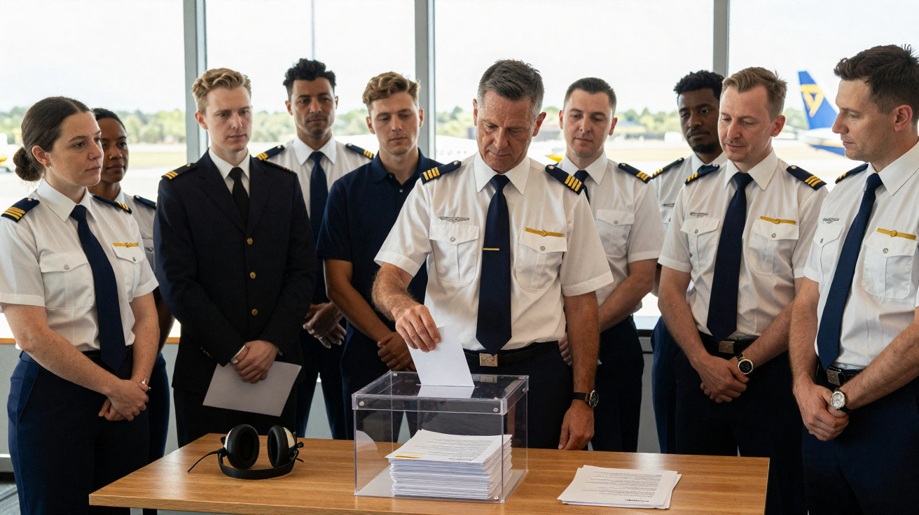 Grupo de pilotos em uniforme a votar numa eleição com urna transparente numa sala junto a janelas grandes.