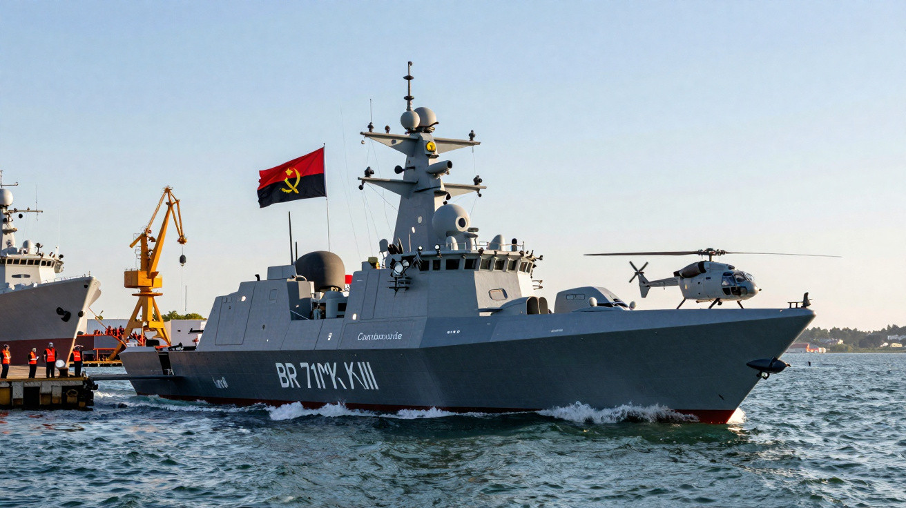 Navio militar angolano com helicóptero a bordo navegando junto a um cais com guindaste amarelo.