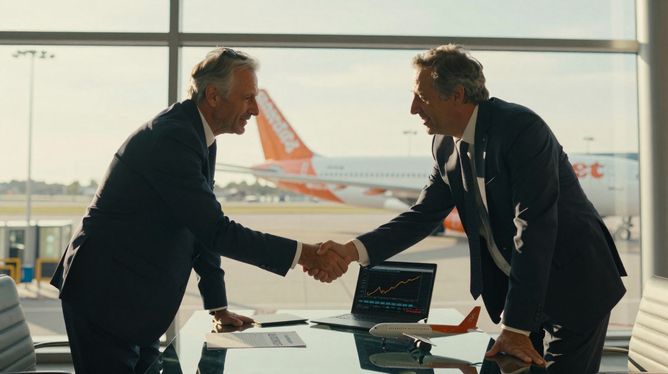 Dois homens de fato apertam as mãos numa reunião no aeroporto, com avião e gráfico de crescimento no ecrã ao fundo.