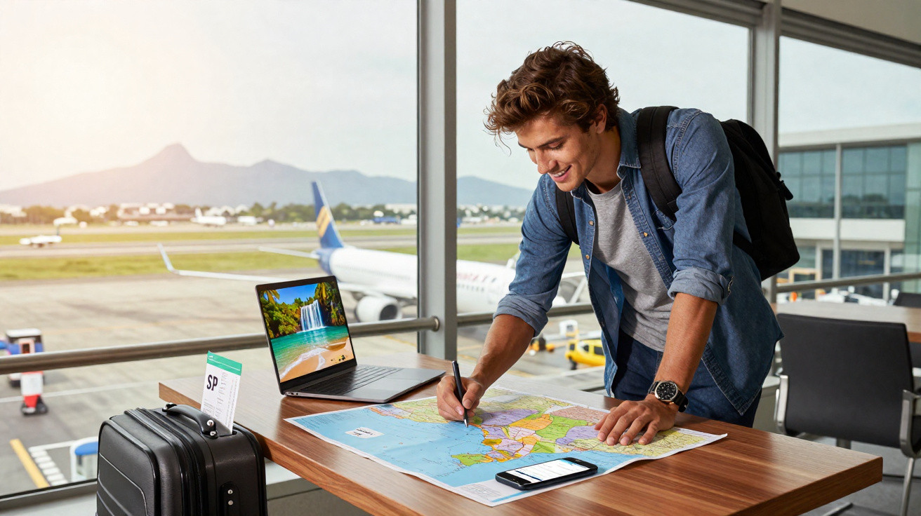 Homem jovem planeia viagem com mapa, portátil e telemóvel numa sala com vista para aeroporto.