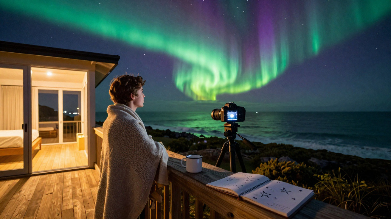 Pessoa embrulhada em manta observa a aurora boreal enquanto uma câmara captura o céu numa varanda junto ao mar.