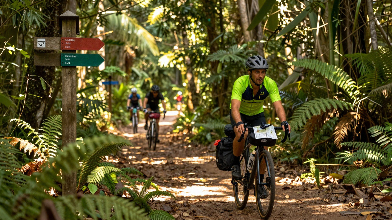 Ciclistas com equipamento e mapas a pedalar numa trilha rodeada de vegetação densa e sinais de direção em madeira.