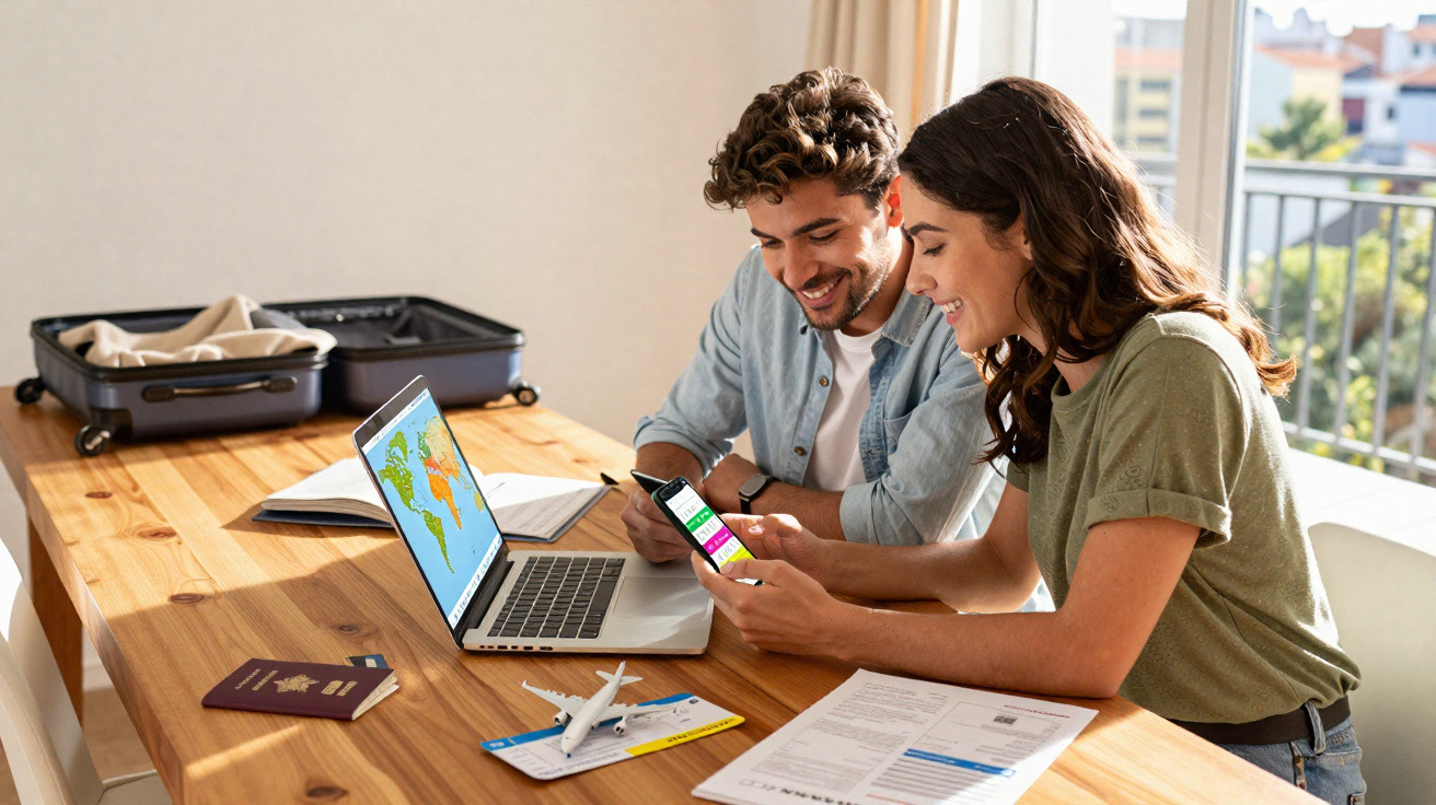 Casal a planear viagem com laptop, passaportes, bilhete de avião e mala aberta numa mesa de madeira iluminada.