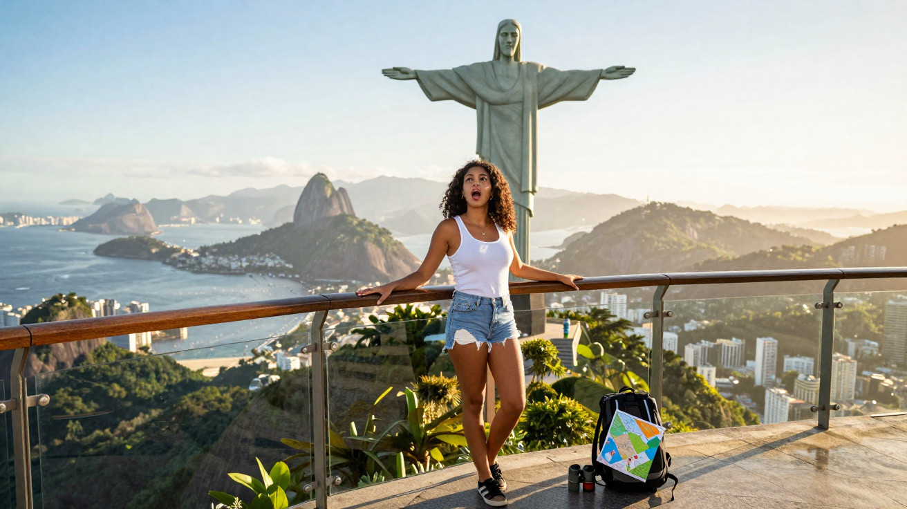 Jovem com mochila observa a estátua do Cristo Redentor no Rio de Janeiro ao pôr do sol.