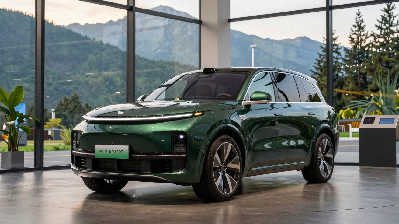 SUV verde escuro estacionado num showroom com grandes janelas e vista para montanhas.