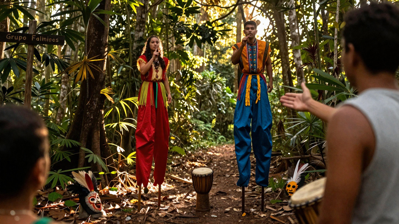 Dois artistas em pernas de pau vestidos com roupas coloridas numa floresta, enquanto tocam instrumentos e interagem com o púb