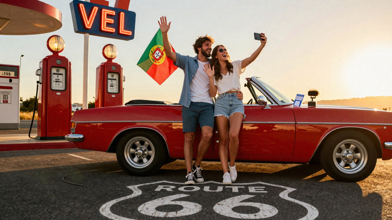 Casal alegre a tirar selfie junto a carro clássico vermelho e bomba de gasolina antiga na Route 66 ao pôr do sol.