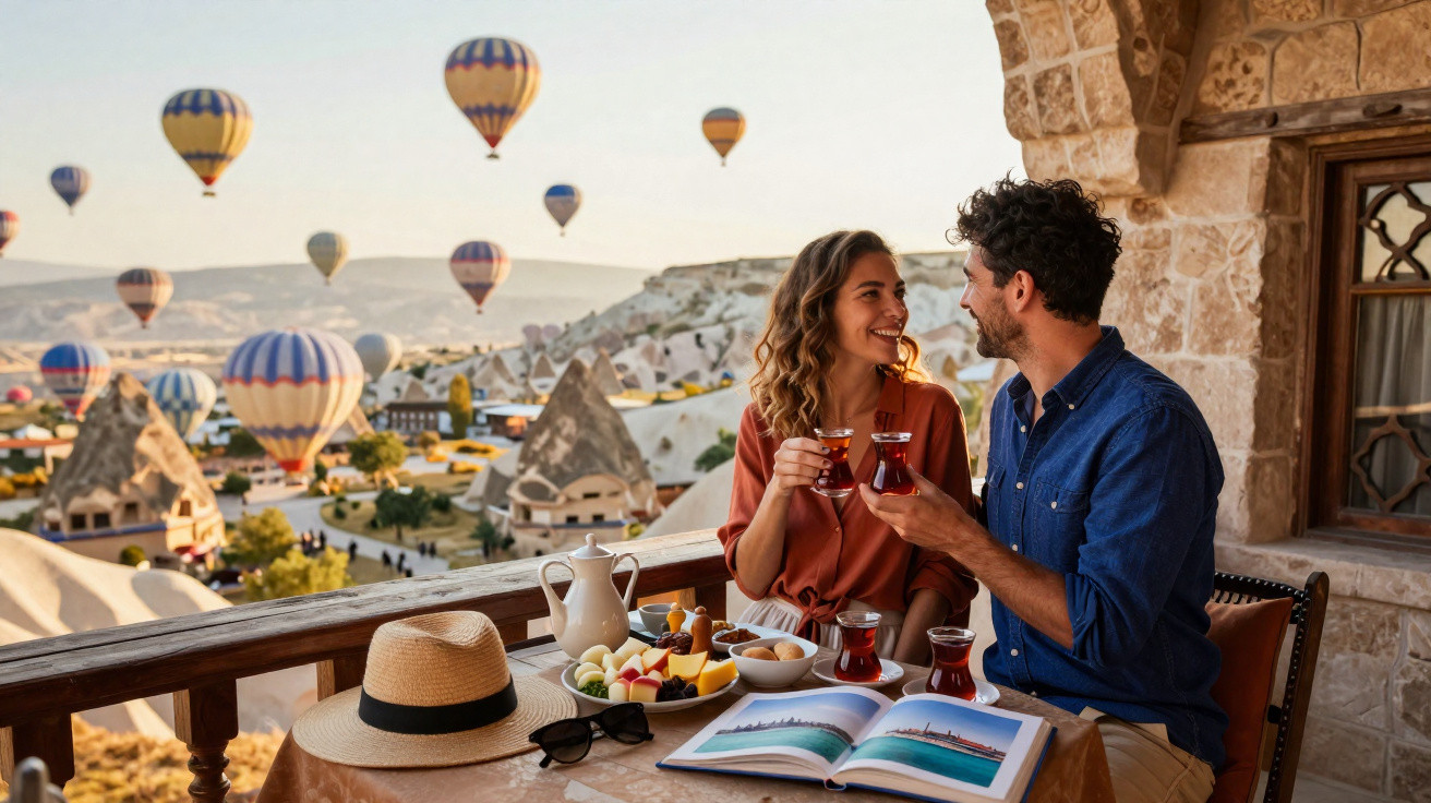 Casal brinda com chá numa varanda com vista para balões de ar quente e paisagem rochosa ao pôr do sol.
