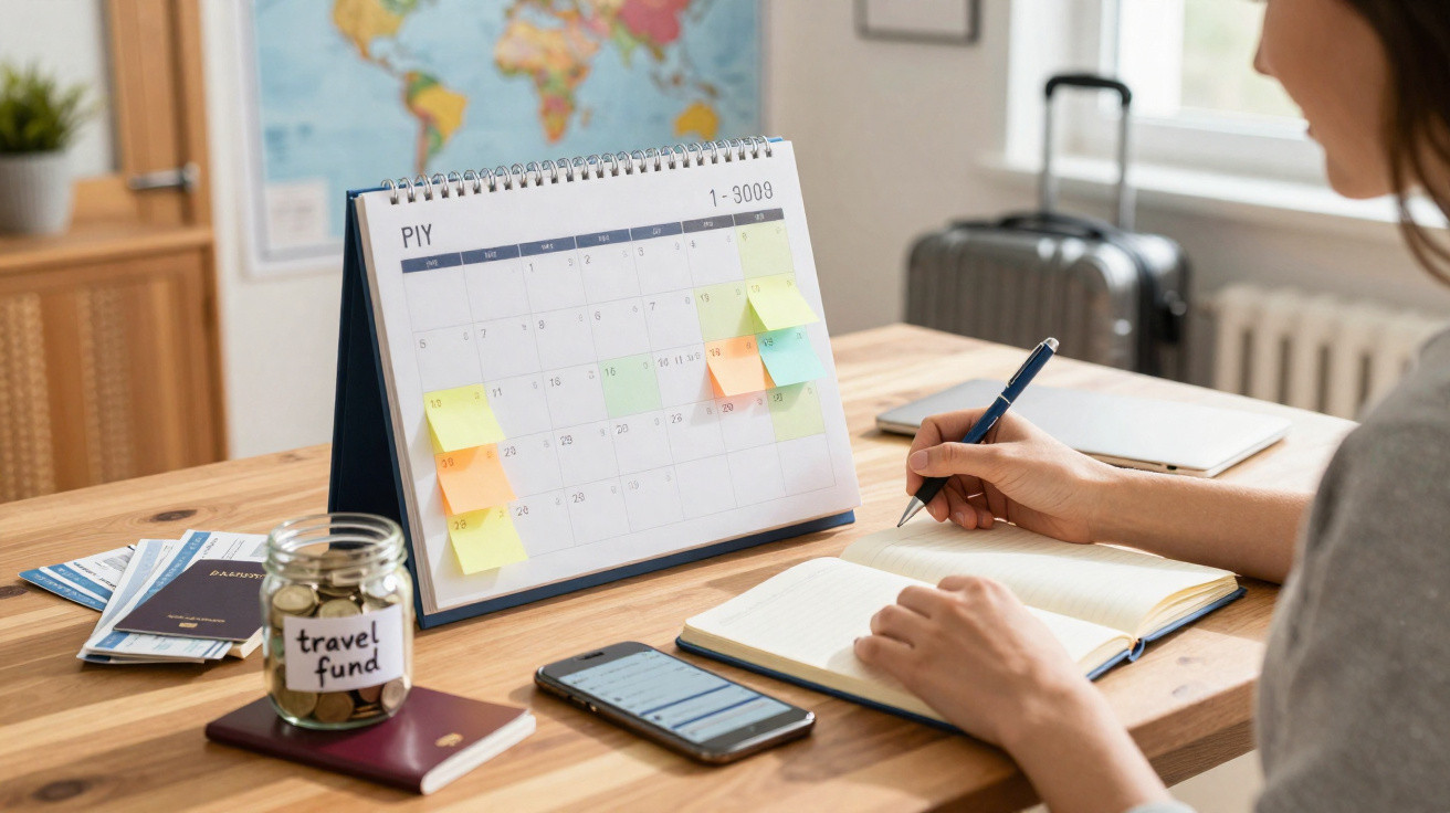 Pessoa a planear viagem com calendário, passaportes, telemóvel, caderno e mealheiro rotulado "travel fund" num escritório.